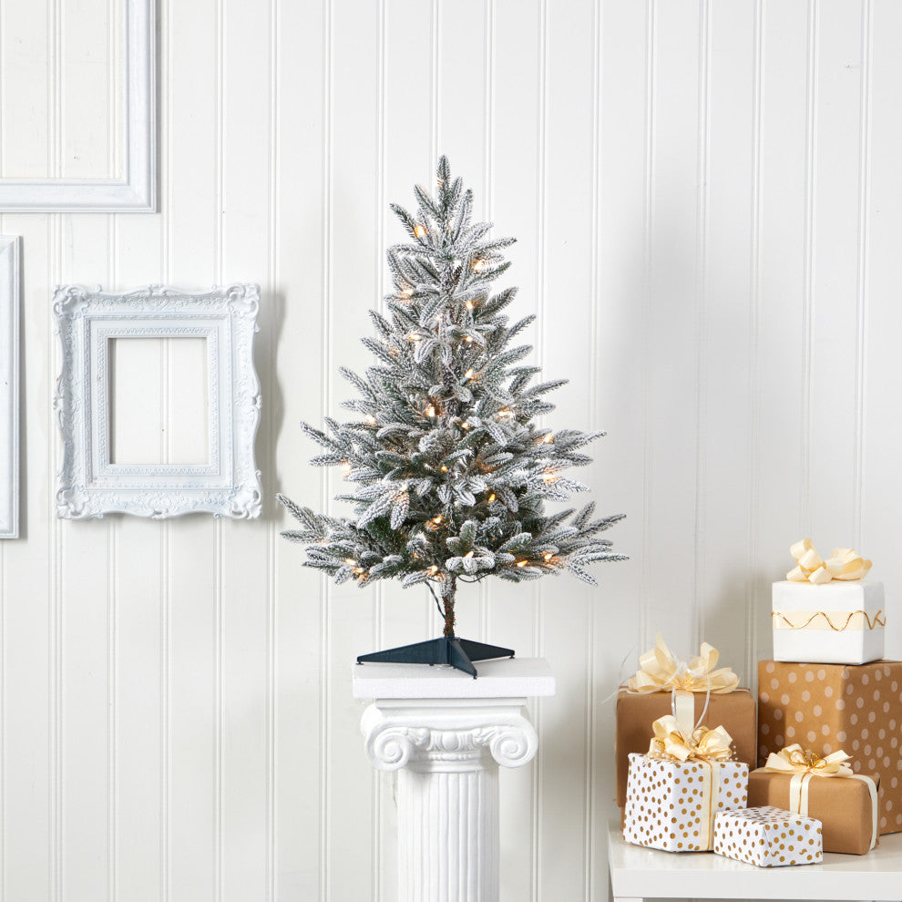 3' Flocked Manchester Spruce Faux Xmas Tree W/ 50 Lights & 133 Bendable Branches