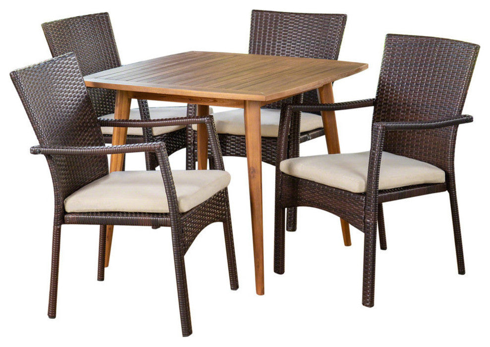 GDF Studio 5-Piece Joann Outdoor Wood and Wicker Dining Set, Teak and Brown