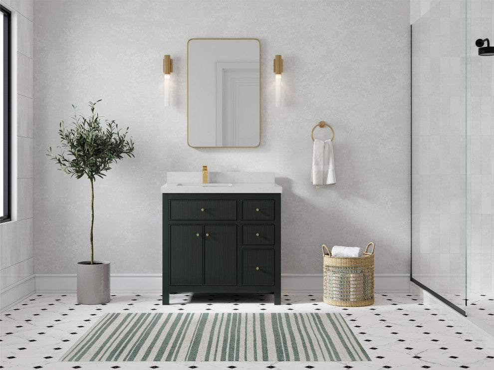 Sonoma 36 Left Offset Reeded  Bath Vanity in Dark Forest Green 2" Carrara Quartz