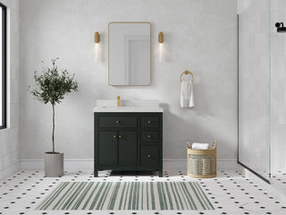 Sonoma 36 Left Offset Reeded  Bath Vanity in Dark Forest Green 2" Carrara Quartz