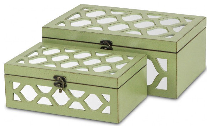 Set of Green Quatrefoil Mirror Jewelry Storage Boxes