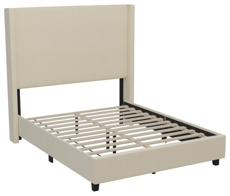 Quinn Upholstered Platform Bed with Channel Stitched Wingback Headboard, Beige, Full