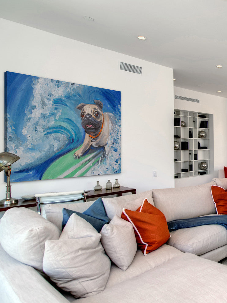"Surfing Pug" Painting Print on Wrapped Canvas, 24"x16"