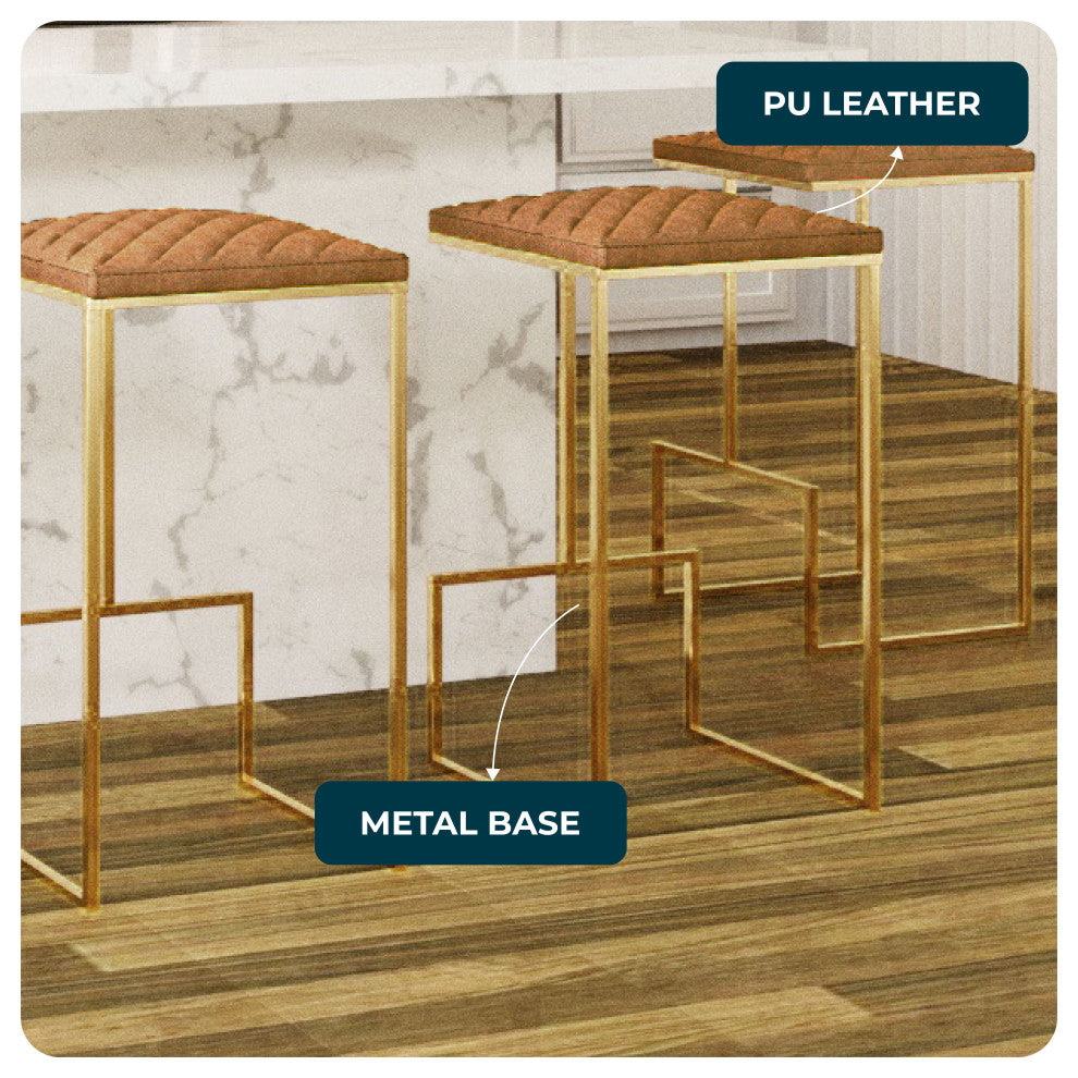 Quincy Leather Barstool Square Seats and Gold Metal Frame, Light Brown