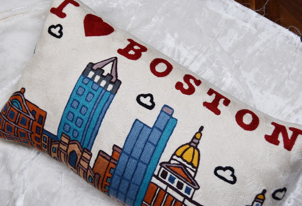 Lumbar Boston Decorative Pillow Cover Hand Embroidered Wool 14x24