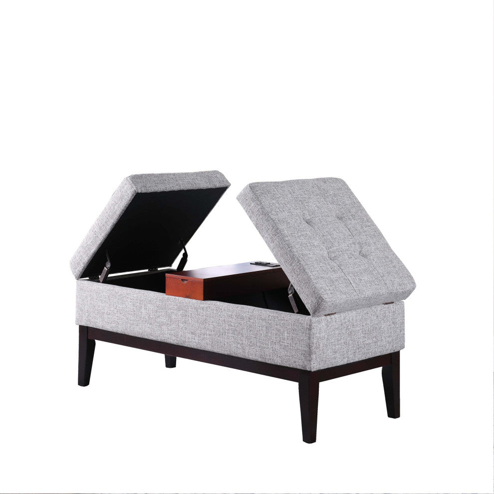 Light Gray Dual Lift Storage Bench With Charging Station
