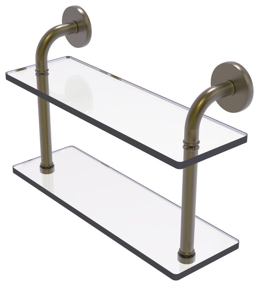 Remi 16" Two Tiered Glass Shelf, Antique Brass