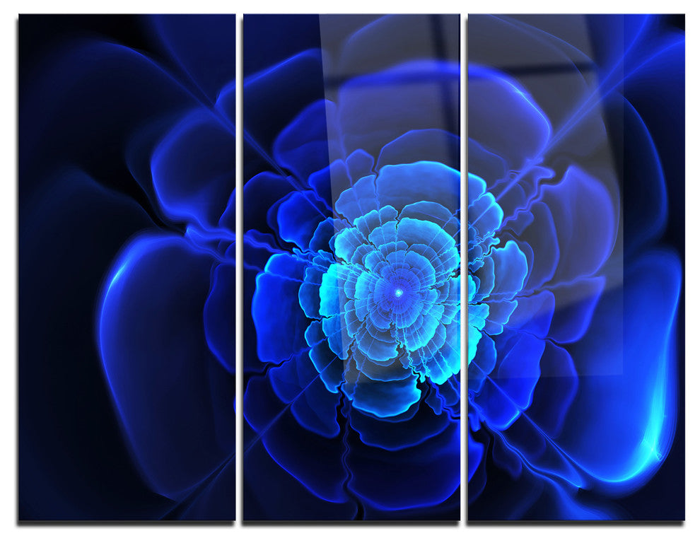 "Bright Blue Fractal Flower in Dark" Metal Wall Art, 3 Panels, 36"x28"