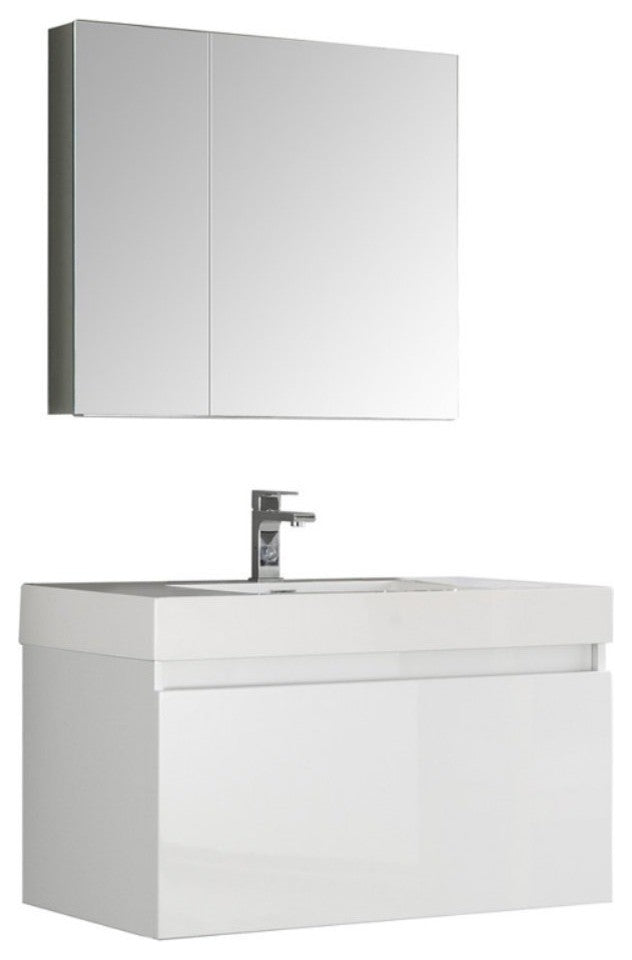 Mezzo 36" White Wall Hung Modern Bathroom Vanity, Faucet FFT9151CH