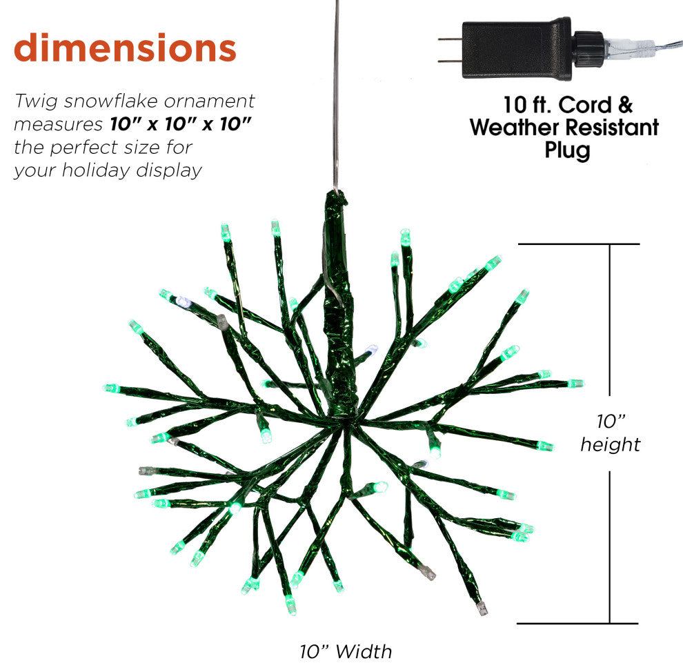 10"H Indoor Christmas Twig 3D Hanging Snowflake Ornament with LED Lights, Green