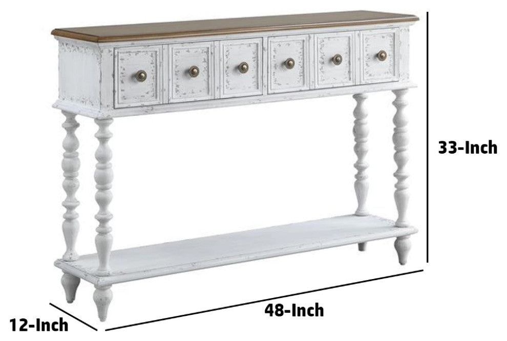48 Inch 2 Drawer Console Table, Turned Legs, Distressed White