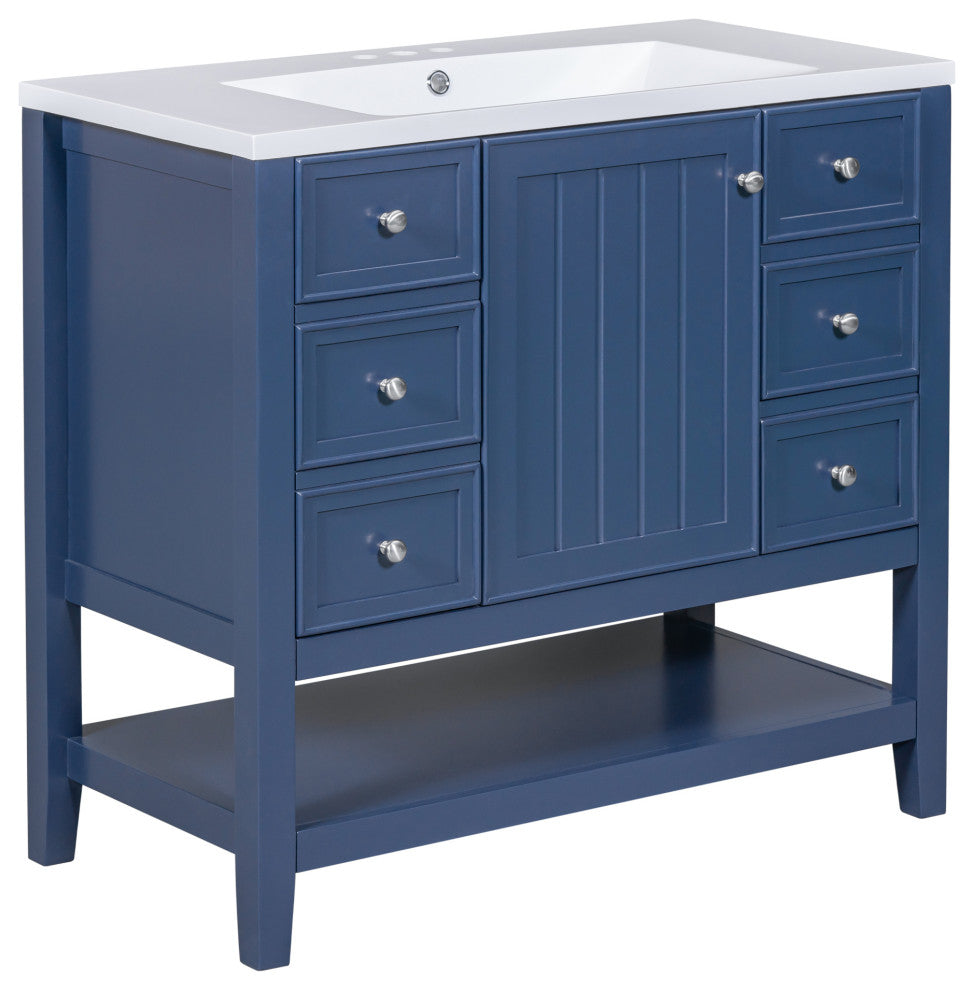 36 Inch Freestanding Bathroom Vanity Set in Blue with Drawers and Ceramic Sink, Blue