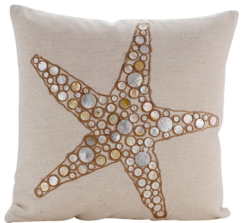 Beige Decorative Pillow Covers 22"x22" Cotton, Starfish Coated Pearl