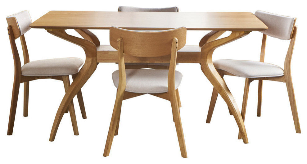 GDF Studio 5-Piece Nasseen Mid Century Wood Dining Set, Light Beige