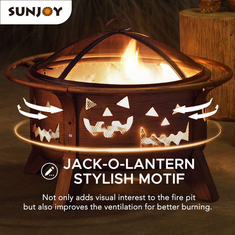 Sunjoy 30" Jack-o-Lantern Motif Round Wood Burning Firepit for Outside