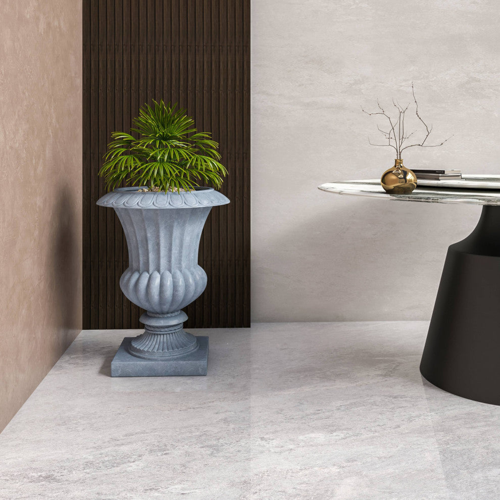 Lotus Urn Planter, Fiberglass and Clay With Drainage Holes, Aged Concrete