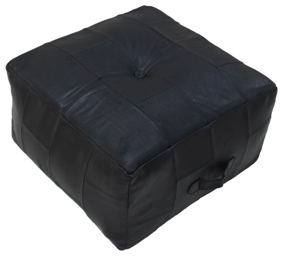 Geometric Handmade Leather Pouf (Recycled Foam with Fibre Fill) Black, (Square)21x21x12