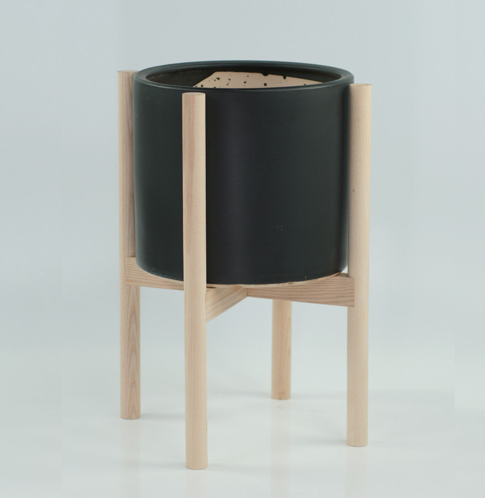 Large Ceramic Cylinder Pot 10" Black With Wood Plant Stand Natural Color