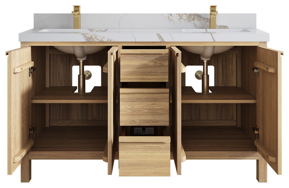 Elizabeth Oak 60" Double Sink Vanity, White 2" Calacatta Gold