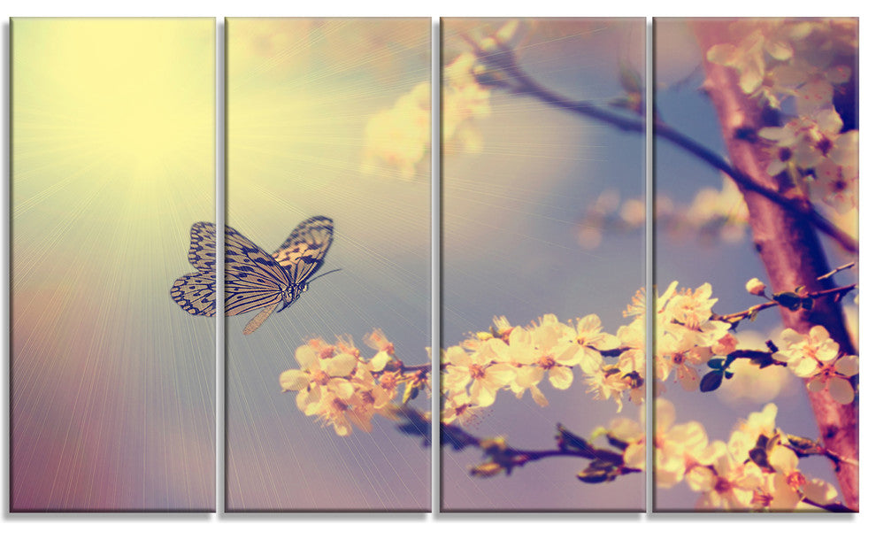 Vintage Butterfly and Cherry Tree, Large Floral Canvas Print, 48"x28", 4 Panels