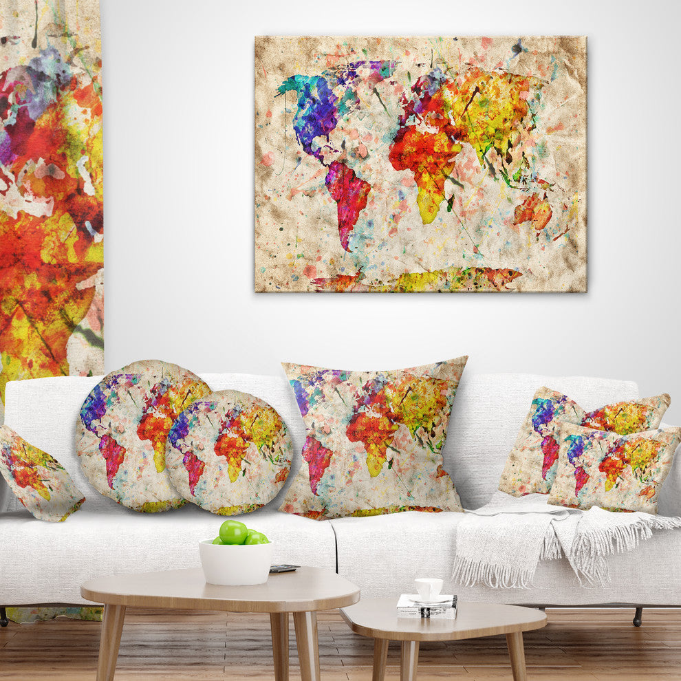 Vintage World Map Watercolor Map Throw Pillow, 16"x16"