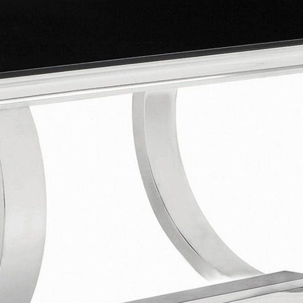 Benzara BM242094 Dining Table With Glass Top and Trestle Base, Black and Chrome