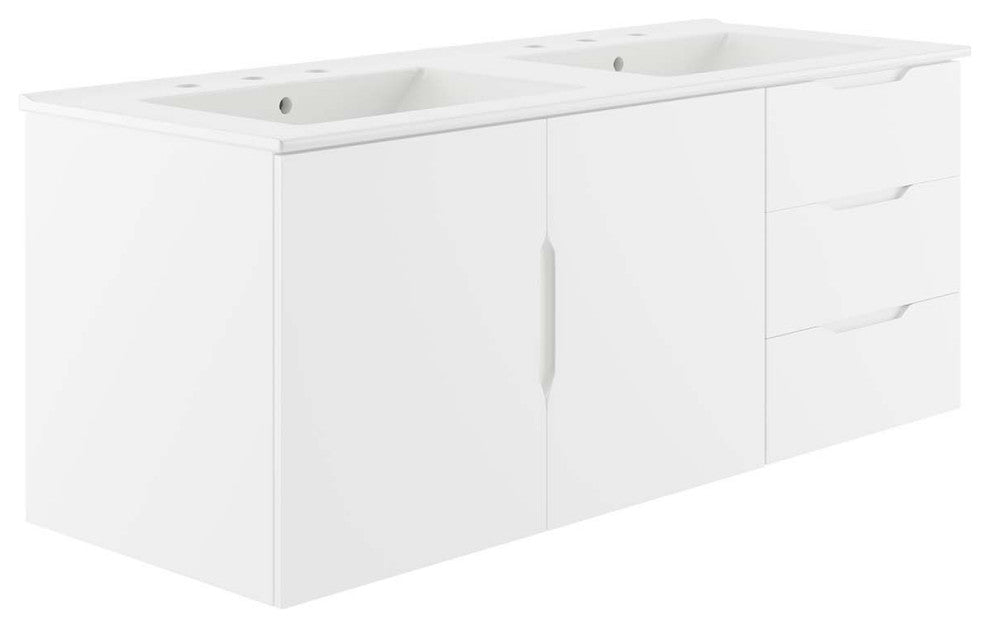 Double Sink Vanity Cabinet, White, Ceramic, Melamine, Modern, Hotel Bathroom