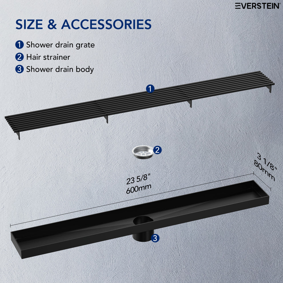 24" Stainless Steel Linear Shower Drain, Tile-In Pattern, Matte Black