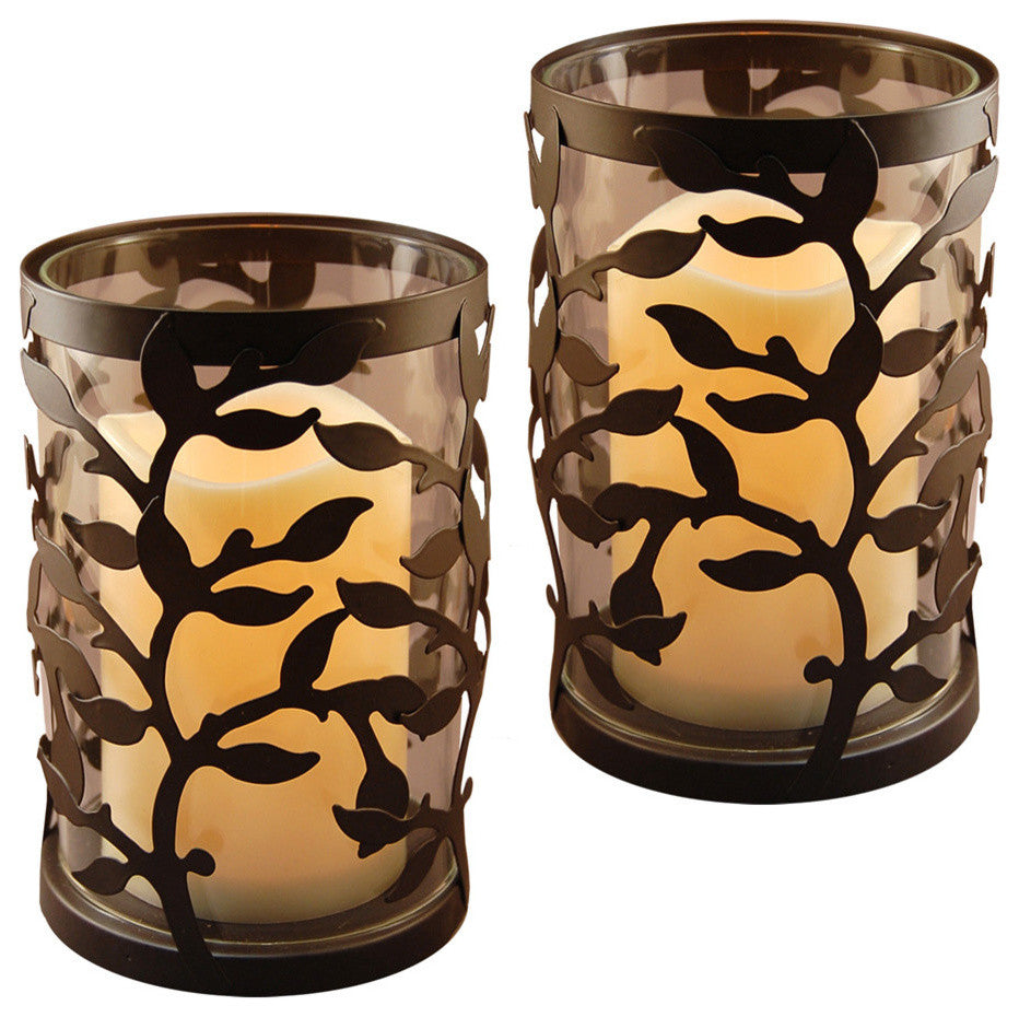 Metal Lantern With LED Candle, Black Round Vine, Set of 2