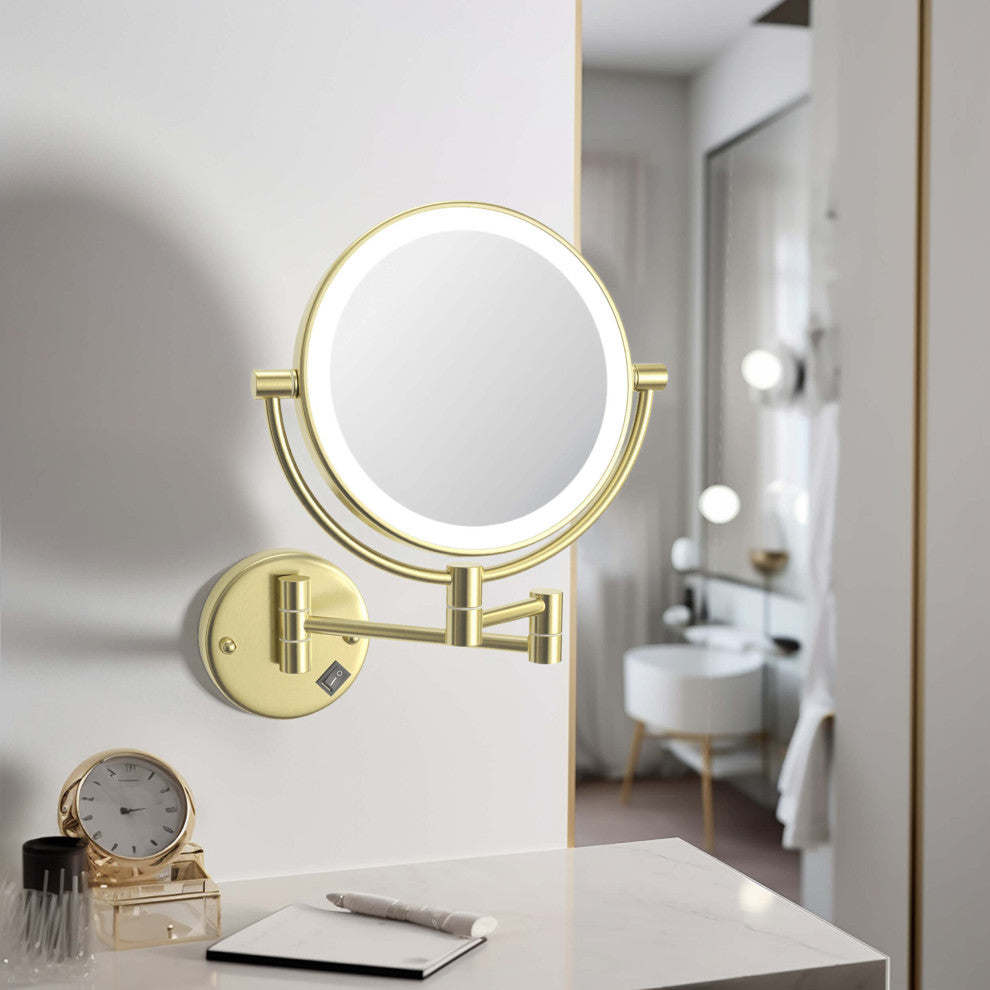 Circular LED Wall Mount Magnifying Make Up Mirror, Brushed Gold