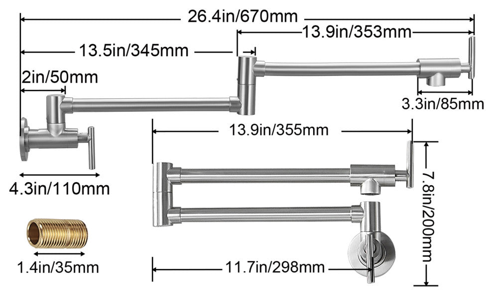 VEVOR Pot Filler Faucet Solid Brass Wall Mount Kitchen Faucet 26.4", Brushed Nickel