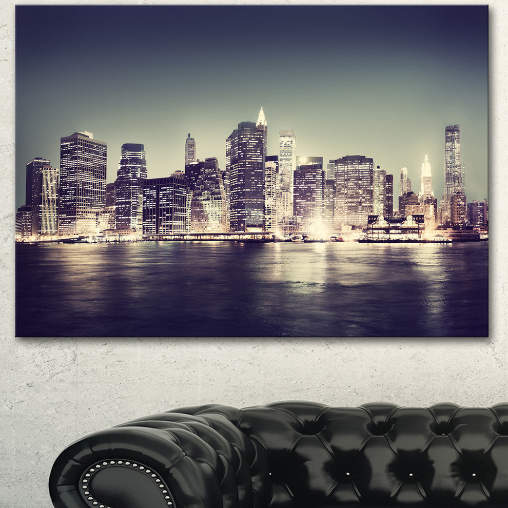 Black and White NYC Night Panorama, Extra Large Canvas Art Print, 60"x28"