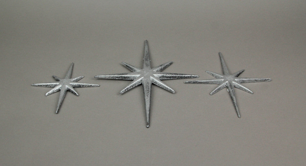 Set of 3 Metallic Silver Cast Iron Starburst Wall Hangings 8 Pointed Stars