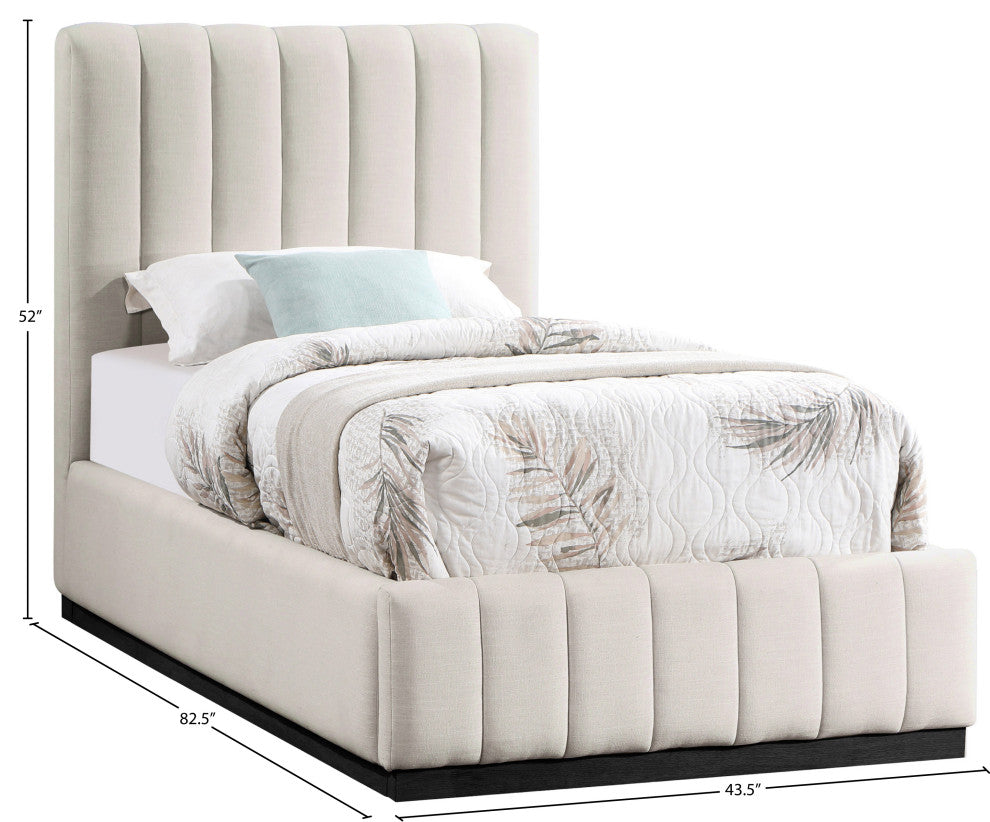 Lucia Beige Linen Textured Fabric Full Bed, Beige, Twin, Black Finish