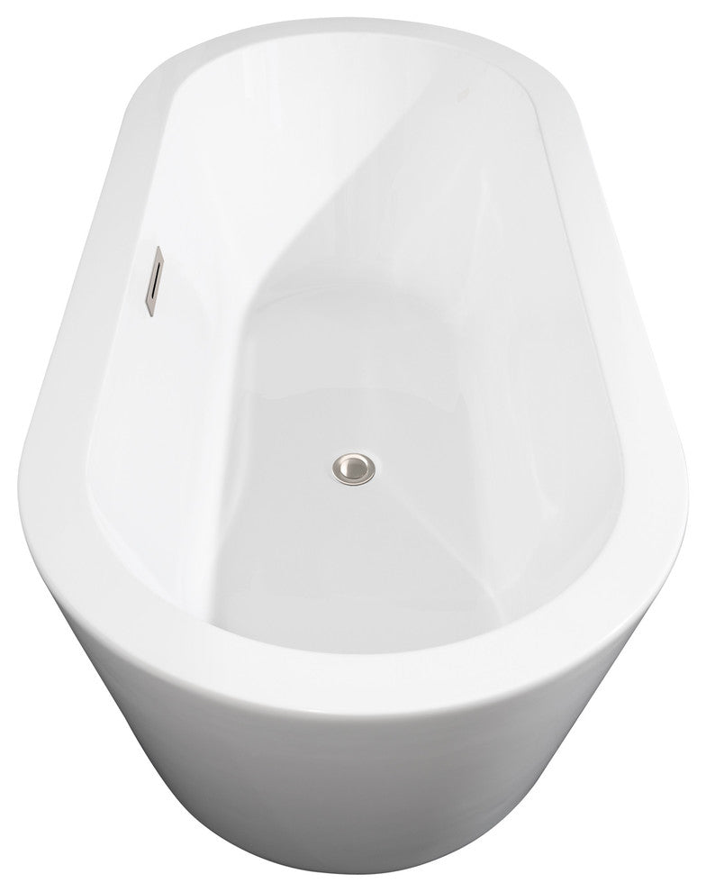 Mermaid 67" Freestanding White Bathtub, Brushed Nickel Drain and Overflow Trim