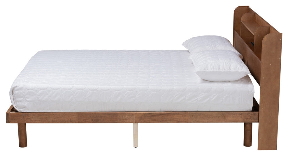 Mid-Century Modern Walnut Brown Finished Wood Queen Size Platform Bed Frame