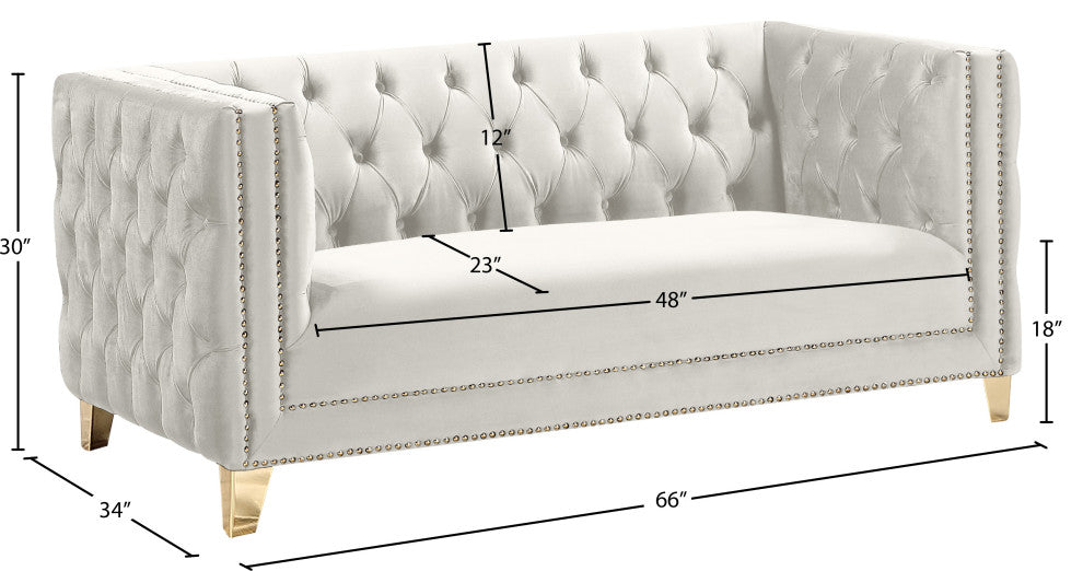 Michelle Fabric Upholstered Chair, Gold Iron Legs, Cream, Velvet, Loveseat