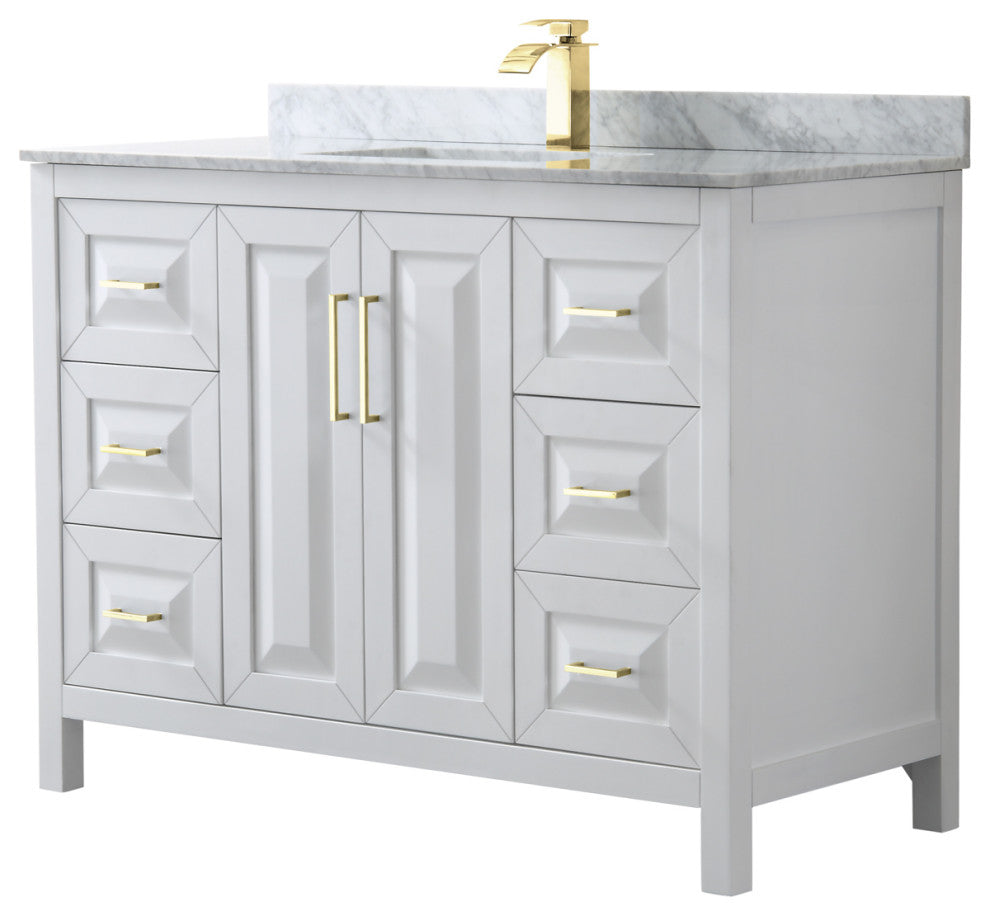 48" Single Bath Vanity, White, White Carrara Countertop, Sink, Gold Trim