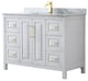 48" Single Bath Vanity, White, White Carrara Countertop, Sink, Gold Trim