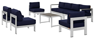 Shore 7-Piece Outdoor Aluminum Sectional Sofa Set, Silver Navy