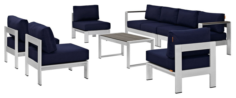 Shore 7-Piece Outdoor Aluminum Sectional Sofa Set, Silver Navy