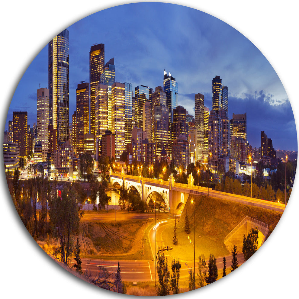 Skyline Of Calgary At Night Panorama, Cityscape Round Wall Art, 36"