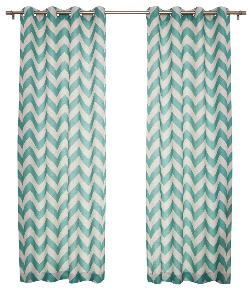 Linen Blend Chevron Print Curtains, Pair, Blue, 84"