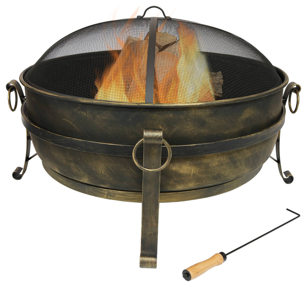 Sunnydaze Large Black Steel Cauldron Outdoor Fire Pit With Spark Screen, 34"