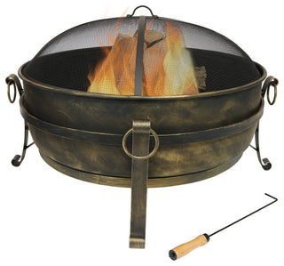 Sunnydaze Large Black Steel Cauldron Outdoor Fire Pit With Spark Screen, 34"