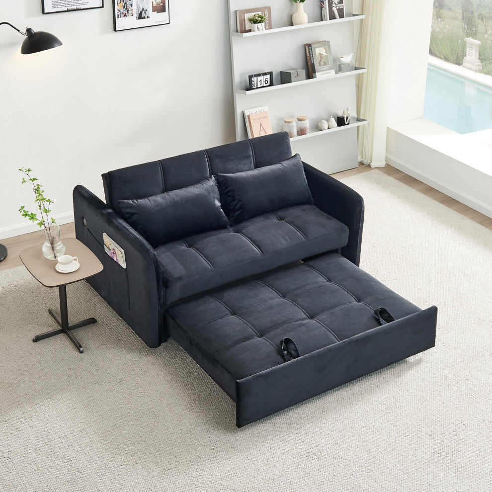 TATEUS 55.5" Twins Pull Out Sofa Bed Velvet  for Small Room Black