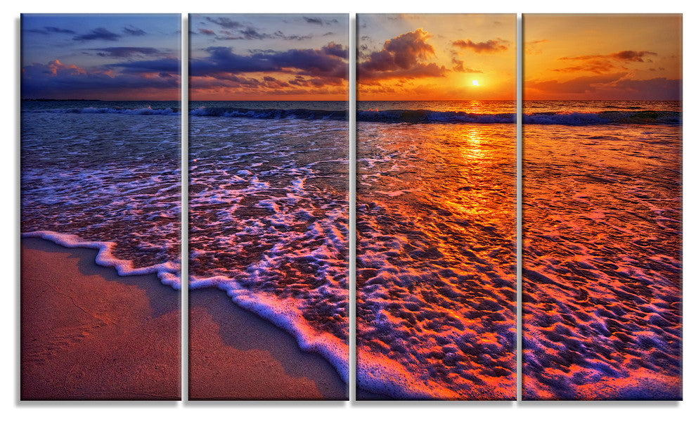 Colorful Sunset and Wavy Waters, Seashore Canvas Art Print, 48"x28", 4 Panels