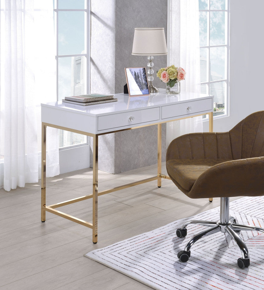 ACME Ottey Vanity Desk, White High Gloss and Gold Finish