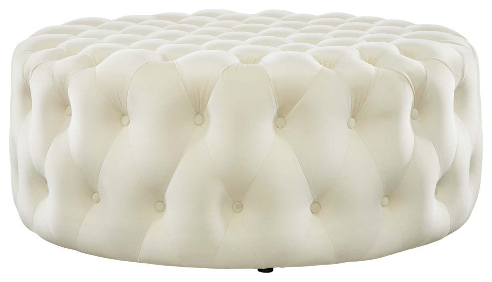 Round Ottoman Accent Tufted Chair, Ivory White, Velvet, Modern, Hospitality
