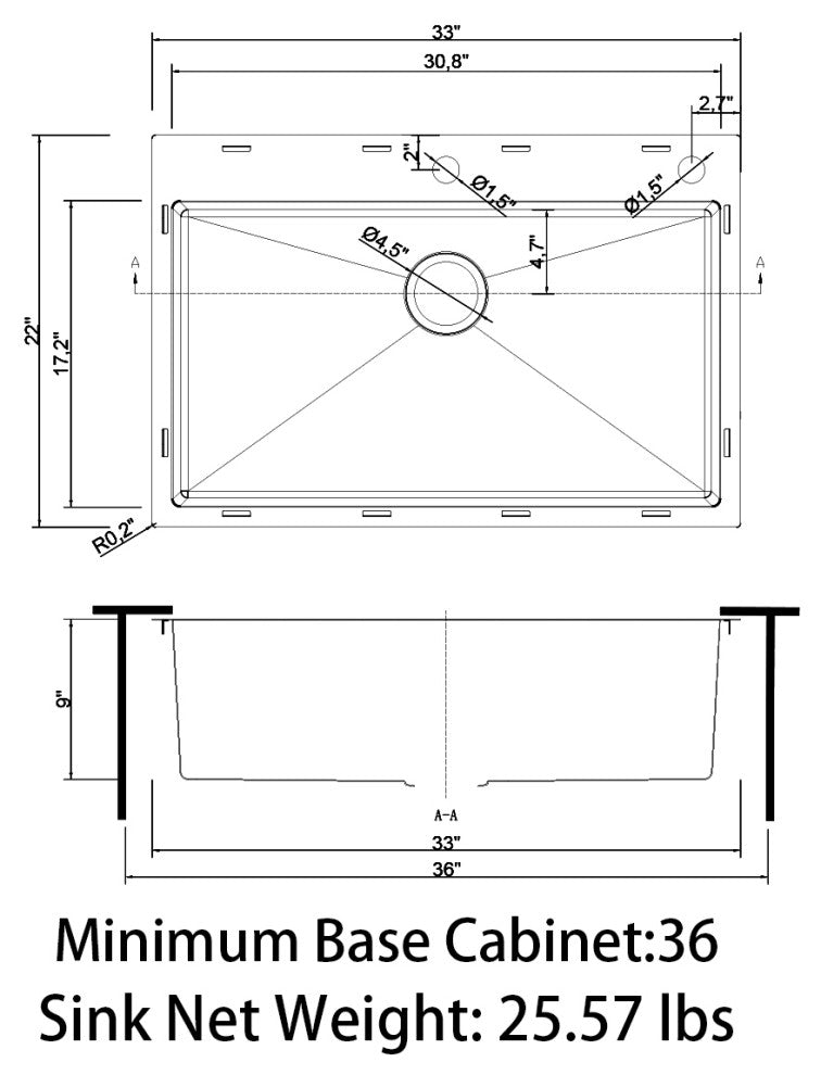 Sinber Single Bowl Kitchen Sink with 304 Stainless Steel Satin Finish, 33"x22", Drop in